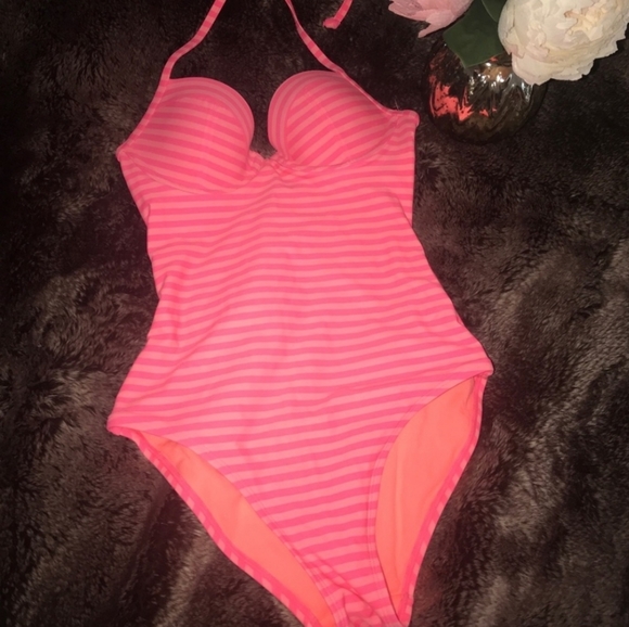 Halter Pink & Orange Striped Bathing Suit Stretch L - Picture 1 of 4